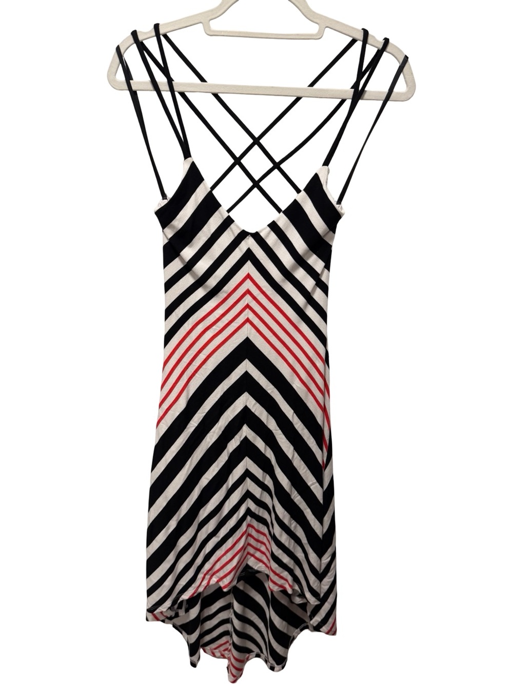 Bebe Strappy Chevron Black, White & Red Striped High-Low Sundress - Size M